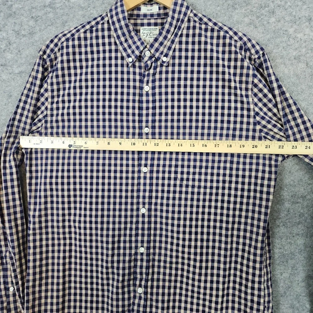 J Crew Secret Wash Shirting Size‎ L Slim Fit Blue & Beige Checks Organic Cotton